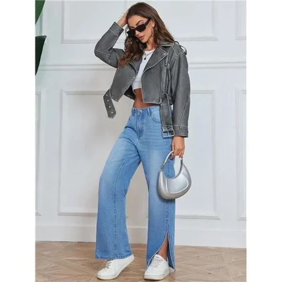 Gray Faux Leather Oversized Cropped Jacket Belted Biker Moto Jacket‎ Coat Zip Up - Picture 5 of 8